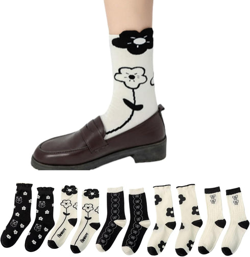 Flower Socks Women 5 Pairs Cute Retro Preppy High Ankle Cotton Sock Stripe Plaid Bow Socks...