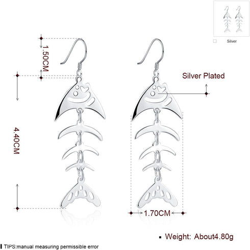Sterling Silver Plated Earrings Drop Dangle Fish Hook Fish Bones .68" L383...