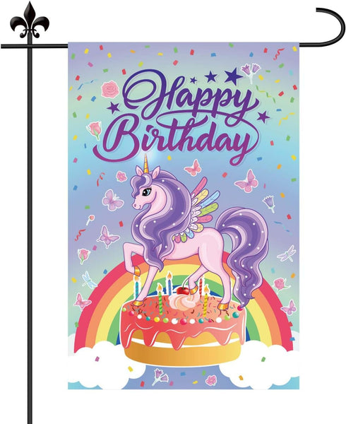 Happy Birthday Garden Flag, 18x12in Pony Birthday Banner Decorations Double-Sided Happy Birthday Yard Lawn Flag Banner for Outdoor Decoration...