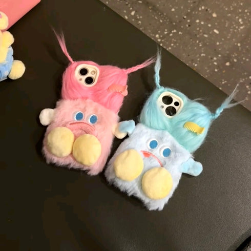 Pink Furry Phone Case for iPhone 13 Pro Max, Cute DIY Long Hair Funny Thick Mouth Warm Plush Cases, 3D Cartoon Fuzzy Winter Protective Cover for W...