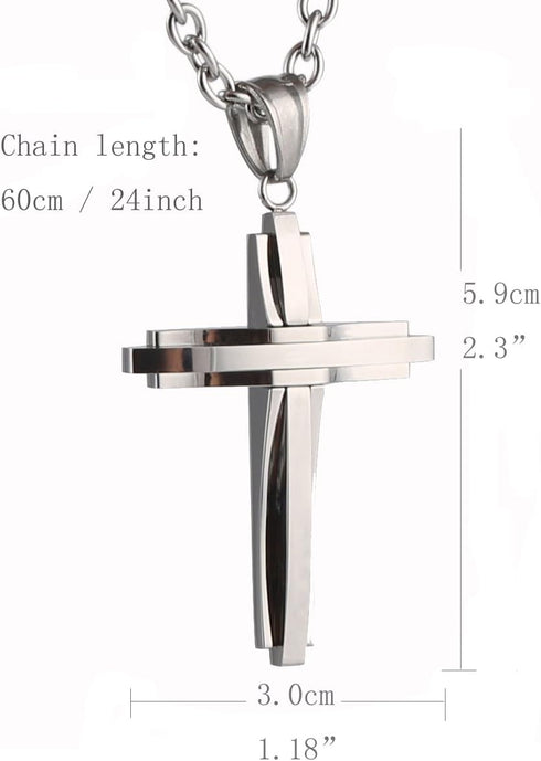 HZMAN Mens Polished Stainless Steel Silver Cross Pendant Necklace 22+2 Inches Chain...