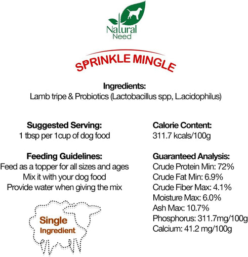Sprinkle Mingle - All Natural, Grass-Fed & Free-Range, 100% Lamb Tripe Topper with Probiotics for Dog Food, 3.5oz...