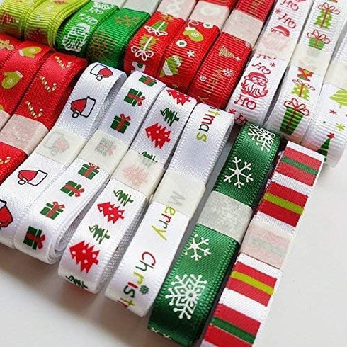 Chenkou Craft Merry Christmas 20 Yards Polyester Grosgrain Ribbon Appliques - 3/8" (10mm) Santa Ribbons Mix...