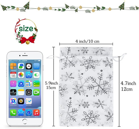 YQL Snowflake Organza Drawstring Bags,4x6 Inch 100PCS White Christmas Gift Favor Bags Mesh Jewelry Pouches Wedding Party Candy Bag...