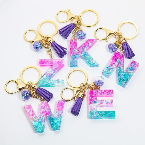 Fuqimanman2020 Glitter Letter A-Z Keychain Pink Blue Resin Alphabet Initial Letter Accessories with Purple Tassel Glass Ball...