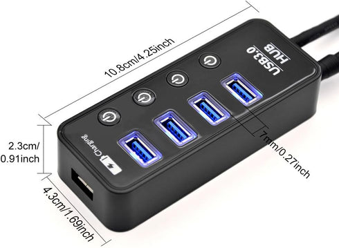 USB Hub 3.0 Powered, LYFNLOVE USB Extender 4-Port Data USB Hub with Power Adapter and 1 Smart Charging Port, USB Splitter with On/Off Switches for...