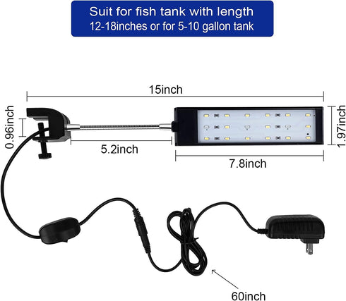 Aquarium Lights for Fish Tank Clip on LED Fish Tank Light for 5-10 Gallon Fish Light for Tanks with White and Blue LEDs 7W...