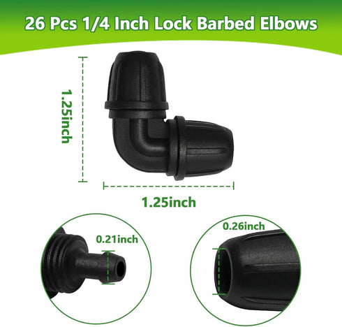 1/4" Drip Irrigation Fittings, 26 Pcs Lock Barbed Elbow Connectors for 1/4 Inch Drip Irrigation Tubing Drip Line 90 Degree Parts with Lock Nut for...