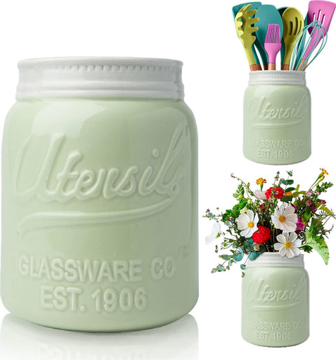 Comfify Wide Mouth Mason Jar Utensil Holder Decorative Kitchenware Organizer Crock, Dishwasher Safe - Kitchen Caddy Green, Large Size 7" Hight...