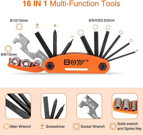 Bike Tool Kit Set, Portable Bike Repair Kit include 16 in 1 Multi Tool, 2 iron Tire Levers and 5 Pre-glued Patch Tire Patch, Metal Files, All in O...