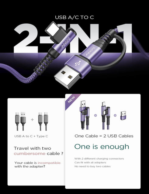 AINOPE Purple USB C to USB C Cable 2-Pack 6.6ft 60W USBC to USBC Fast Charging Cable Rigth Angle Type C to Type C USB C Cable Compatible with iPho...