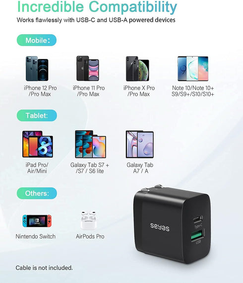 USB C Charger, Seyas 18W Wall Charger 2 Port Power Delivery Fast Charger Power Adapter Foldable PD Charger for iPhone/iPad/Airpods/Pixel/Galaxy/Sw...