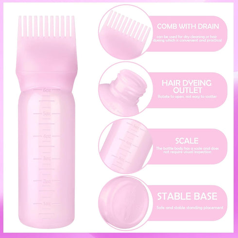 Root Comb Bottle Applicator 6 Ounce, 2 Pack Oil Applicator for Hair Dye Hairstyling Hair Oiling Applicator with Graduated Scale (Pink)...
