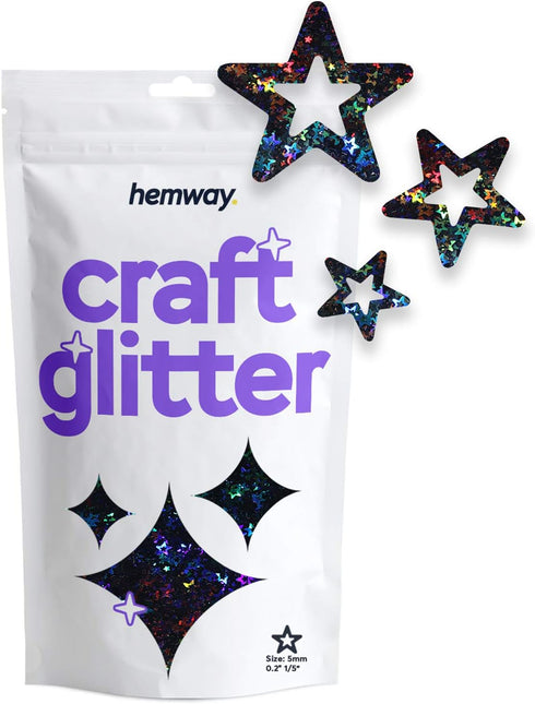 Hemway Craft Glitter - 1/5" 0.2" 5mm - Hollow Star Shaped Glitter, Star, Table, Sequin, Confetti, Nail and Decoration - Black Holographic - 50g...
