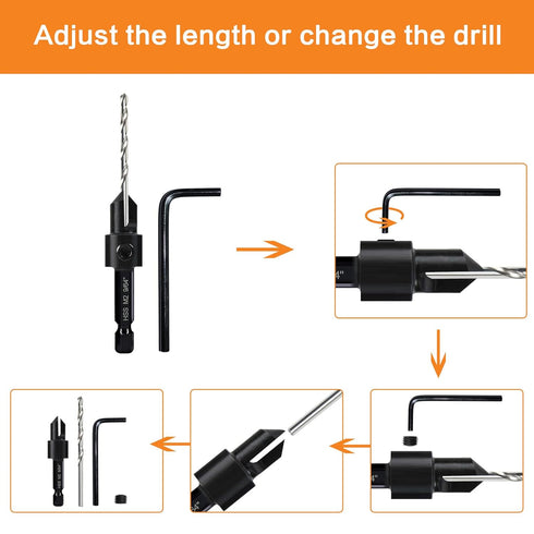 Countersink Drill Bit Set, 7-Piece Woodworking M2 Countersink Drill Bits for #4, 6, 8, 10, 12, 14 Screws, 82-Degree Chamfer, ¼” Hex Shank, 2 Allen...