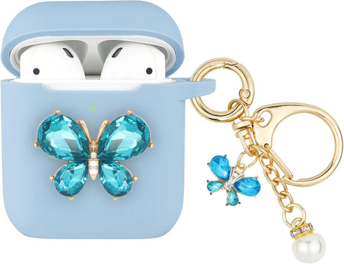 Wonhibo for Airpods Case for Women Girls, Cute Butterfly Cover for Airpod 1 & 2 with Keychain (Blue)...