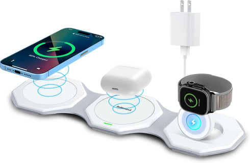 3 in 1 Wireless Charger for iPhone MagSafe Foldable - Magnetic Travel 18W Fast Charging Station Soft Silicone Sleep-Friendly Portable Charger Stan...