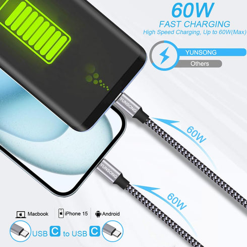USB C Charger Cable, New Nylon Braided USB C to USB C Cable 3PACK 6FT Type C PD 60W Fast Charging for iPhone 15/15 Pro/15 Plus/15 Pro Max/iPad Pro...