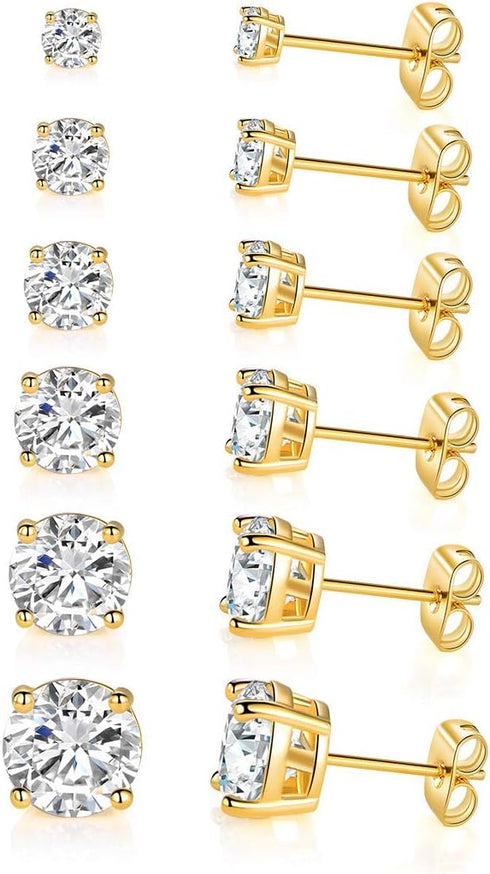 6 Pairs 14K Yellow Gold Plated Round Cut Clear Cubic Zirconia Stud Earring Pack...