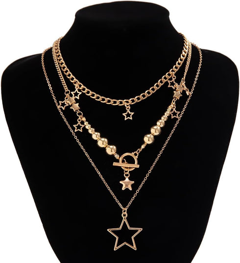 3Pcs Y2k Layered Star Pearl Necklace Sets for Women Teen Girls,14K Gold Link Chains Beaded Aesthetic Choker Necklace Party Prom Trendy Adjustable ...