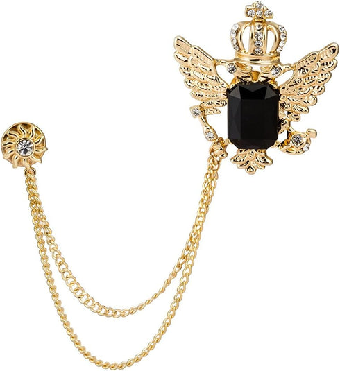 Knighthood Golden Crown with Wing and Black Stone Sunshine Hanging Chain Brooch Golden...
