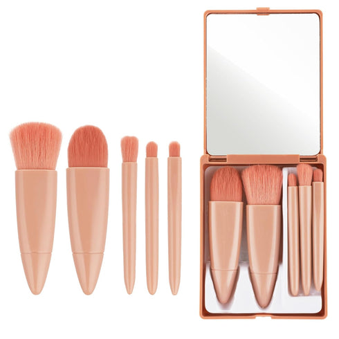 5 PCS Mini Travel Size Makeup Brushes with Mirror, Travel Make up Brushes Set, Compact Makeup Brush Travel Case Subtle Beauty Stackable Makeup...