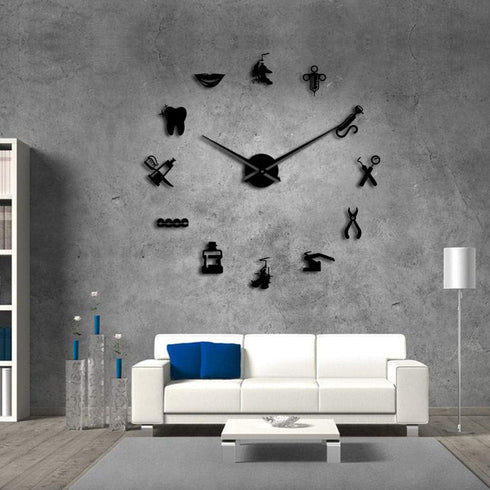 The Geeky Days Dentist Sign Giant DIY Large Wall Clock with Mirror Effect Dental Clock Wall Art Home Decor Frameless Big Time Clock Watch(Black)...