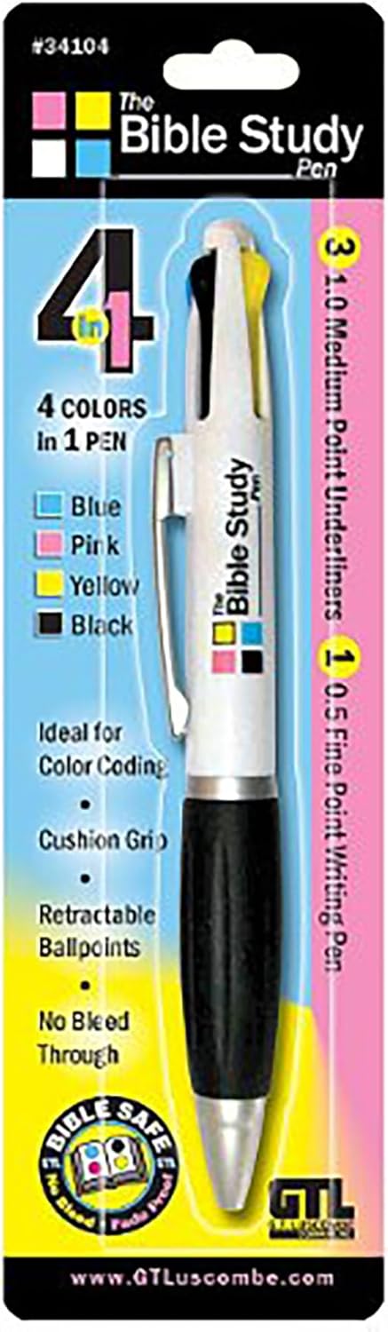 G.T. Luscombe Bible Study, 4-Colors-In-1, Blue, Pink, Yellow, Black, Color Coding, No Bleed, Retractable, Cushion Grip, Ballpoints, 1.0 Medium Poi...