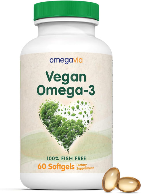 OmegaVia Vegan Omega 3 Supplement, 60 Softgels, Algae Omega 3 Fish Oil Alternative, 300mg Vegan DHA Omega-3 Fatty Acids, Plant Based, Planet and O...