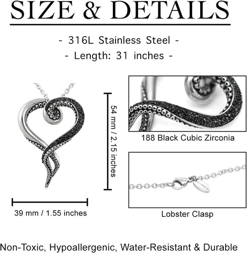 Controse Women's Silver-Toned Heart Shaped Stainless Steel Dark and Bright Tentacle Octopus Necklace 31"...
