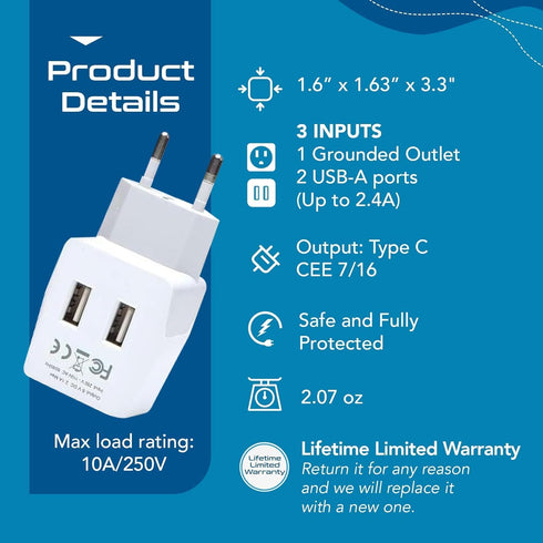 Ceptics European, Egypt Travel Adapter Plug with Dual USB - Type C - Europe - Usa Input - Light Weight - Perfect for Cell Phones, Chargers, Camera...