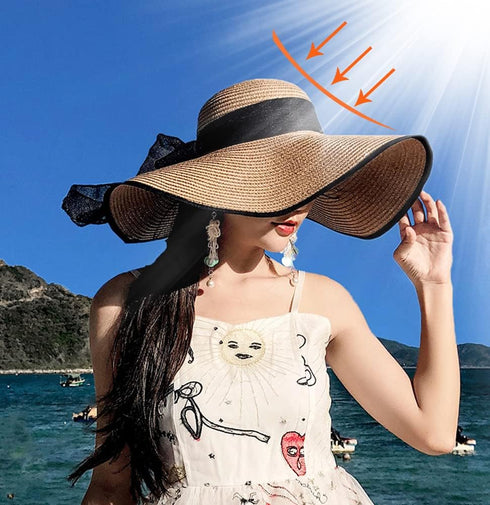 Women Girls Large Brimmed Garden Beach Sun Hat Big Summer Sun Hat Swimming Garden Beach Straw Hat Cap with Black Ribbons UPF 50+ for Traveling (Kh...