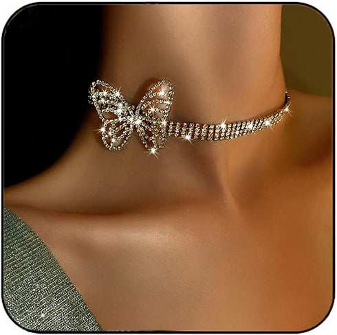 Rhinestone Butterfly Choker Necklace Silver Crystal Chokers Row Necklaces Sparkly Tennis Chain Prom Party Neck Jewelry for Women...