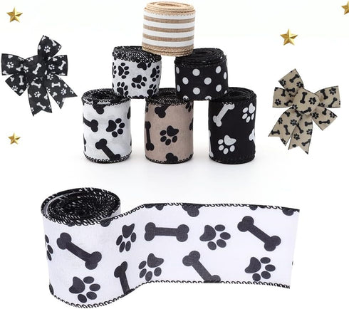 3 Rolls 1.5'' and 2.5'' Doggy Paw Print & Dog Ribbon(30 Yards), Lover Wired Edge Linen Ribbon,Stripes , Polka Dots Ribbons for Floral Arrangements...