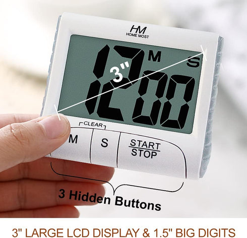 2-Pack Large Display Kitchen Timer - 3" Digital Timer Magnetic Back Loud Alarm - White Cooking Timers for Kitchen Teachers Students Games Meetings...