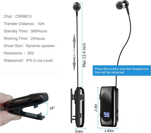 Retractable Wireless Headset Headphone Stereo Earphone V5.0 Noise Cancelling Mic Clip on Earpiece Comfortable HandsFree Headset 20Hrs Talking Time...