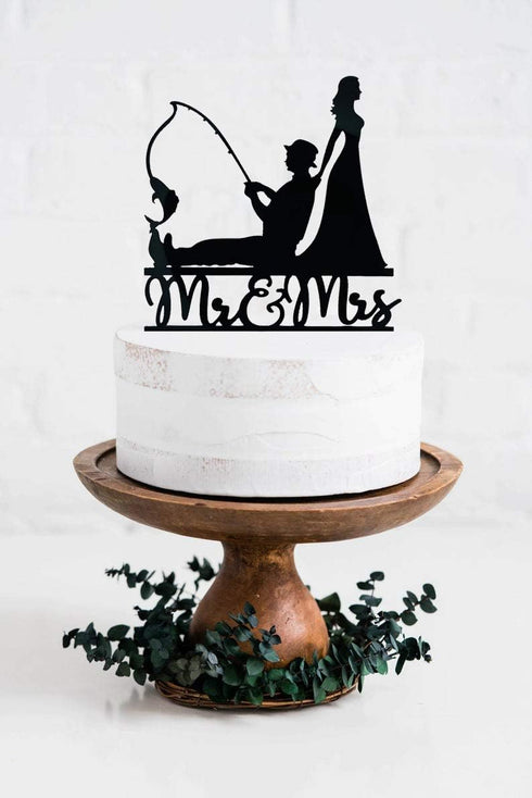 Fishing Wedding Cake Topper, Funny Bride and Groom Cake Decoration, Fishing Theme Wedding/Engagement/Bridal Shower/Anniversary Cake Decoration...