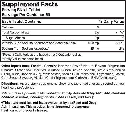 Chewable Vitamin C. Great tasting low sugar essential vitamin, does not promote tooth decay. 500mg, 60 Tablets....
