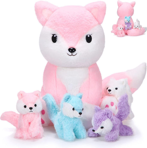 Valentine's Day Gifts 5 Pcs Fox Plush Toy Set 14 Inch Pink Mommy Fox Stuffed Animal with 4 Cute Plush Baby Foxes in Tummy Soft Cuddly Fox Plushie ...
