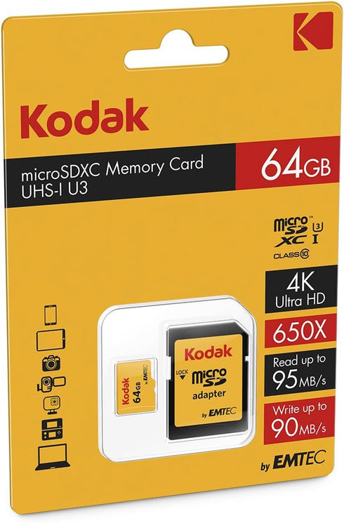 KODAK 64GB UHS-I U3 V30 A1 Extra Performance microSD with Adapter - Read Speed 95MB/s Max - Write Speed 85MB/s - Additional Storage Multimedia Dev...