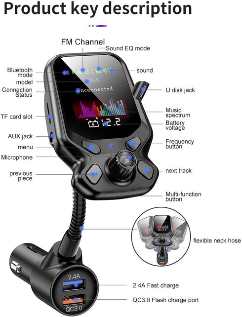 Bluetooth FM Transmitter for Car,YIBECAR Bluetooth Car Adapter Car Kit with 1.8" Color Display Supports Hands-Free Call AUX in/Out SD/TF Card USB ...
