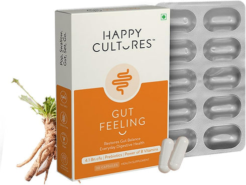 Happy Cultures Gut Feeling Digestion Supplement Unique Blend of Probiotics for Daily Digestive Health B-Vitamins Gut Health Supplement for Bloatin...