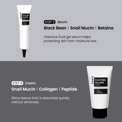 coxir BLACK SNAIL COLLAGEN STARTER KIT l Repairing&Firming | Black-3-Complex: Black Rice, Bean, Sesame, Snail Mucin, Collagen FOAM CLEANSER+TONER+...