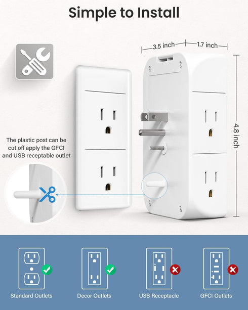 Wall Outlet Extender with Shelf and Night Light,Surge Protector,USB Wall Charger with 5 AC Outlets and 3 USB Ports 1 USB C Outlet Wide Space 3-Sid...
