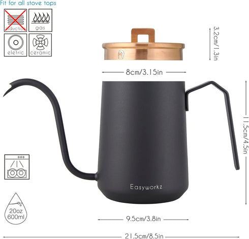 Easyworkz Gooseneck Pour Over Coffee Kettle 20 oz Stainless Steel Hand Drip Coffee Pot With Long Narrow Spout, Rose Gold Black...