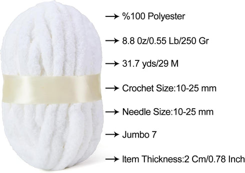 Chenille Chunky Yarn Super Bulky Soft Thick Fluffy Jumbo Giant Washable Polyester Big Yarn DIY for Arm Knit Blanket Cushion Bed Sofa Home Decor,Wh...
