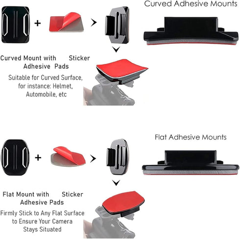 Universal Action Camera Accessory Mount Kit, Curved & Flat Adhesive Sticky Mount, Quick Release Buckle Mount, J-Hook Buckle Mount, 3-Way Pivot Arm...