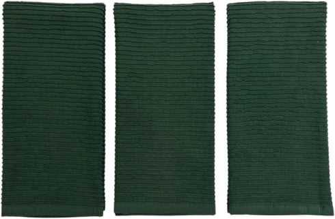 Dark Green Kitchen Hand Dish Towels: 100% Cotton Cloth Soft Cleaning Drying Absorbent Ribbed Terry Loop, Set of 3 Multipurpose for Everyday Use Ov...