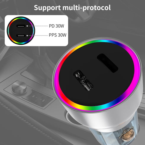 Aluminum Alloy Car Charger,WORDIMA USBC Car Charger Transparent Case,60W Led RGB PD/PPS Compatible with iPhone 14 Pro Max/14 Plus/13 Pro Max/Ipad ...