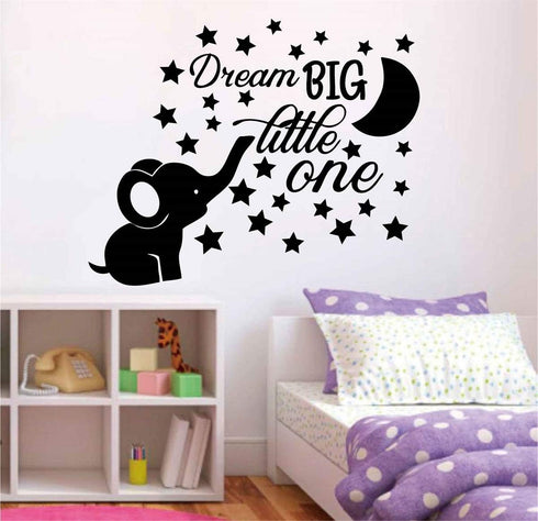 Dream Big Little One Lovely Elephant and Moon Stars Wall Decor Stickers for Kids Room Baby Girl Decals BA048 (Black)...